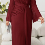 Plus Size - Elegantna Morko Plava Haljina sa Dugim Rukavima