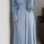 Elegantna ženska haljina s puf rukavima i okruglim izrezom - satenski završetak, plava boja, A-kroj, za proljeće/jesen, svestrana formalna i ležerna odjeća, glatka sjajna tkanina